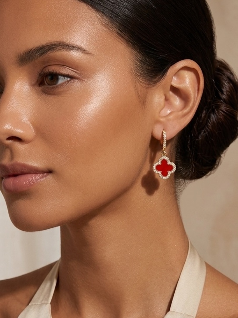 18k Gold Plated Red Clover Earrings